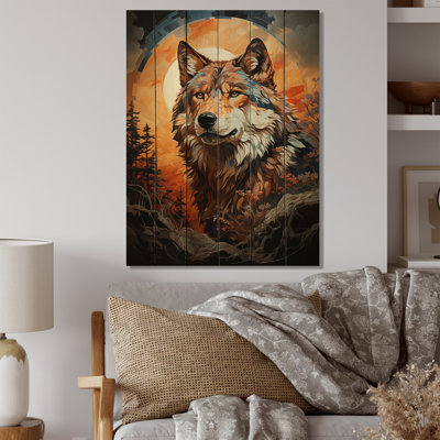 Loup amérindien orange brun sur bois