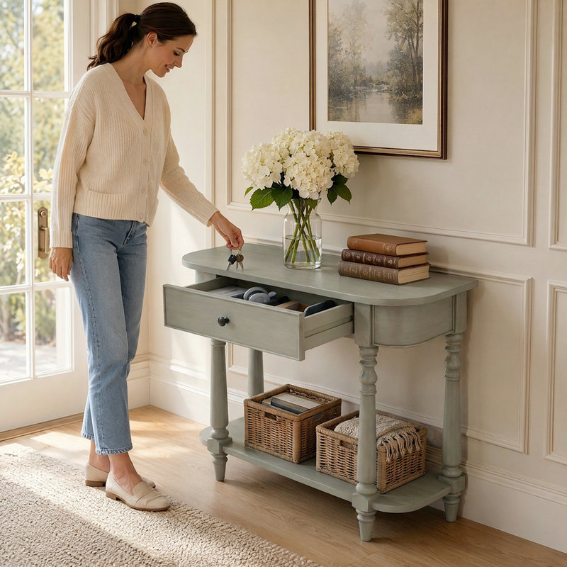 Console d'entrée classique avec pieds fuselés et espace de rangement Classic, Bois gris
