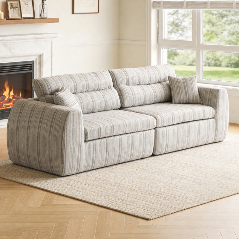 Canapé tissé à compression en chenille rayée, canapé compact à rangée droite avec éponge haute densité