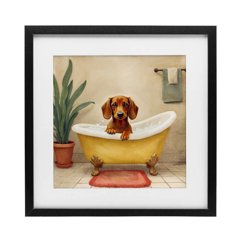Bubble Bath Brown Dog Framed Print Under Glass, design by Kim Allen, 13" H x 13" W, Midnight Black Frame