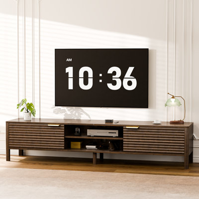 71" W Mid-Century TV Stand - Walnut Color Entertainment Center Support Up for 75" TVs, Dual Accessible Cabinets with Cable Outlet, Modern Home Furniture