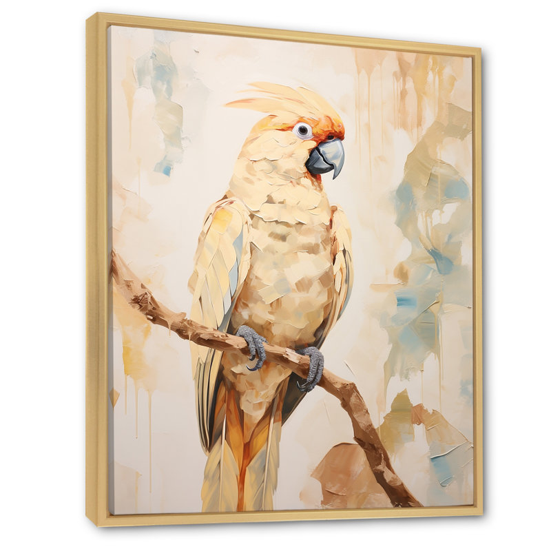 Perroquet beige plumes élégance III, Cadre naturel flottant, H 20 po x l 12 po x P 1 po