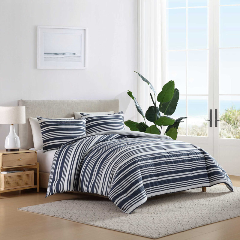 Nautica Coastline Stripe Cotton Reversible Blue Comforter Set, Queen Comforter + 2 Standard Shams