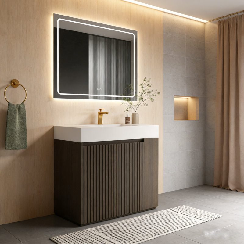 Meuble-lavabo simple autoportant de 36 po avec comptoir en quartz, portes cannelées et tablettes ouvertes, Fumée, Blanc