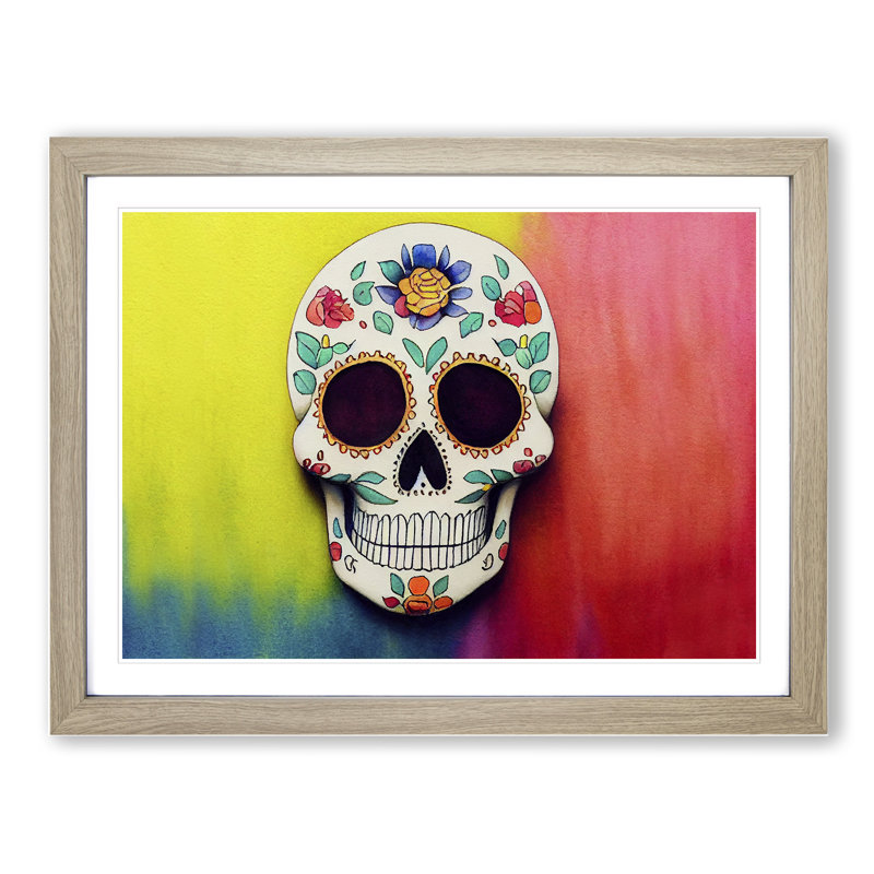 XH1022-360X A Decorated Floral Sugar Skull - Single Picture Frame Print, 34cm H x 46cm W x 2cm D, Oak