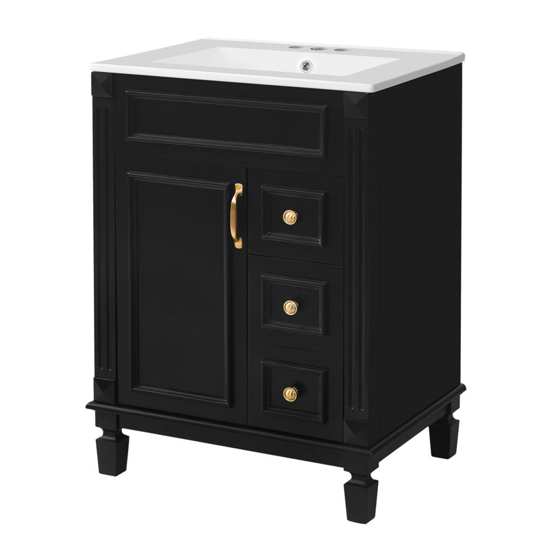 Meuble-lavabo élégant 24 po avec comptoir en céramique, Noir