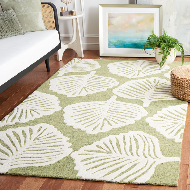 Meranda Blossom Hand Tufted Wool Cotton Floral Rug in Green/White, Rectangle 3' x 5'