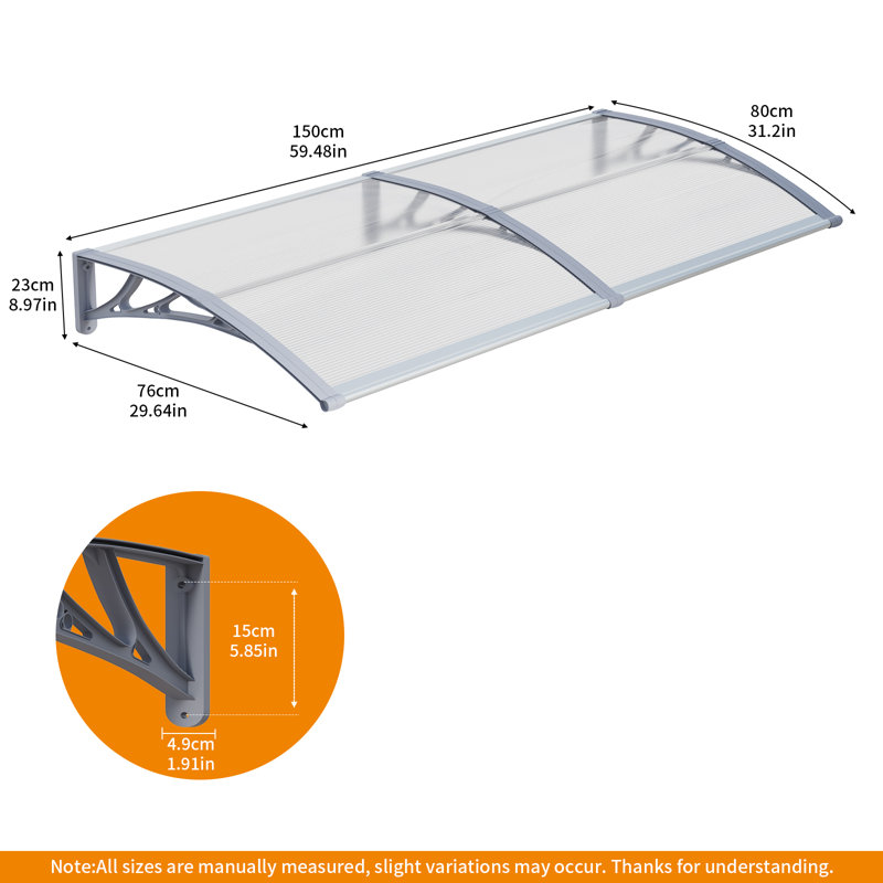 GUANSU-CN 51cm W x 8.2cm D Polycarbonate Cover Retractable Door / Window Awning, Clear/Grey