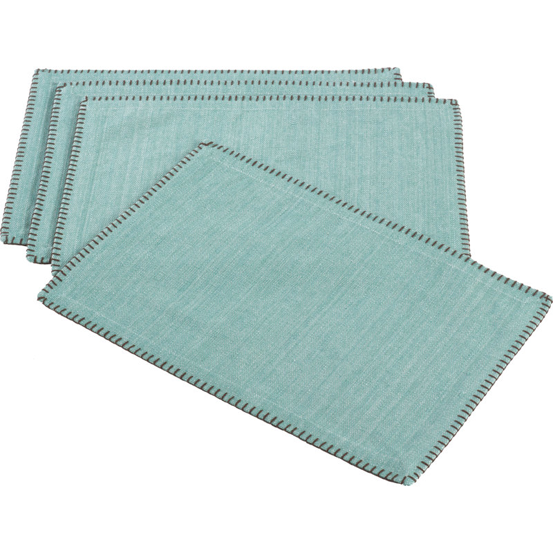 Aqua Cotton Whip Stitched Design Rectangular Placemats, Set of 4