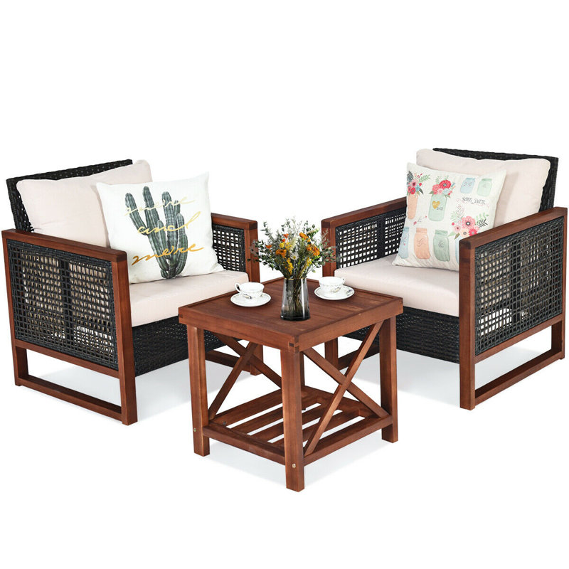 Oxford Outdoor 3 Pieces Acacia Wood Patio Furniture Set with Coffee Table, Beige