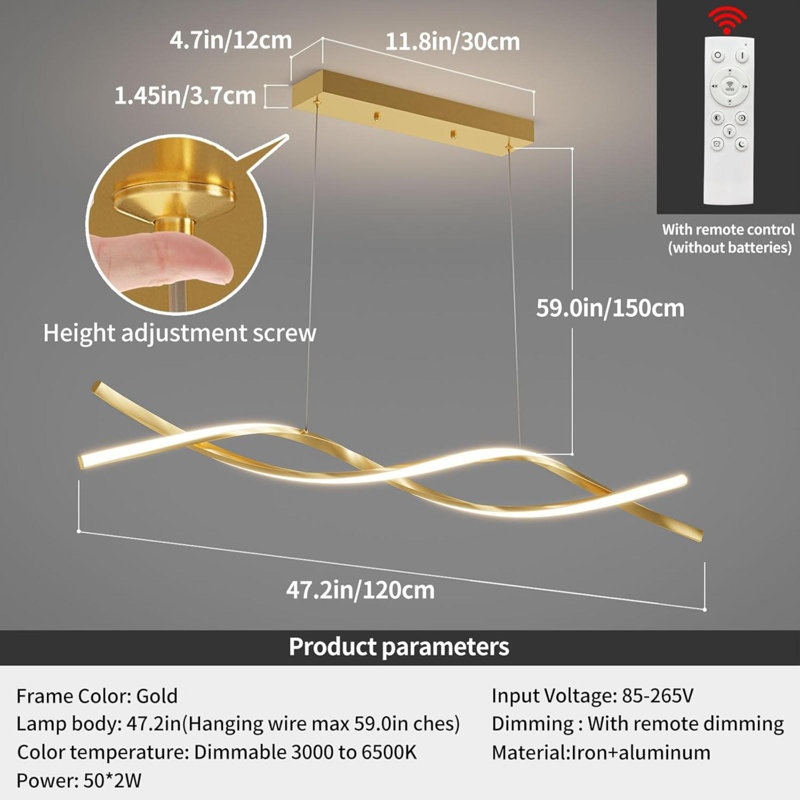 Luminaire suspendu moderne en acrylique anti-scintillement avec télécommande à intensité variable 3 modes de couleur et luminosité Lumière froide et chaude pour bar de cuisine noyer