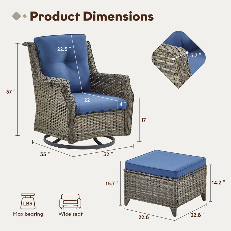 Ensemble de chaises longues pivotantes en osier avec repose-pieds et coussins Carlston
