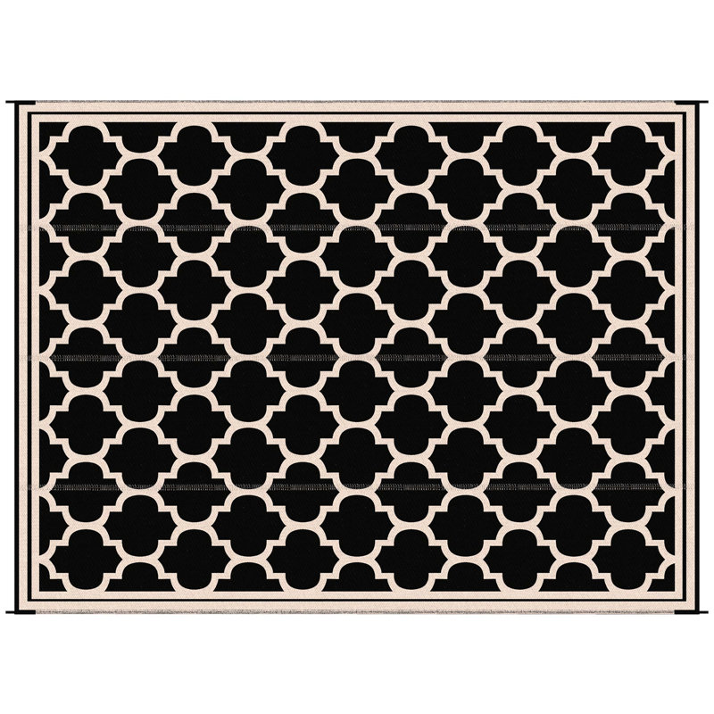 Reversible Backyard Camping Mat Rug Carpet, 9' X 12', Waterproof With Carry Bag, For Deck, Picnic, Beach, Black & Beige 12' Deck Mat, Polypropylene Outdoor Backyard,