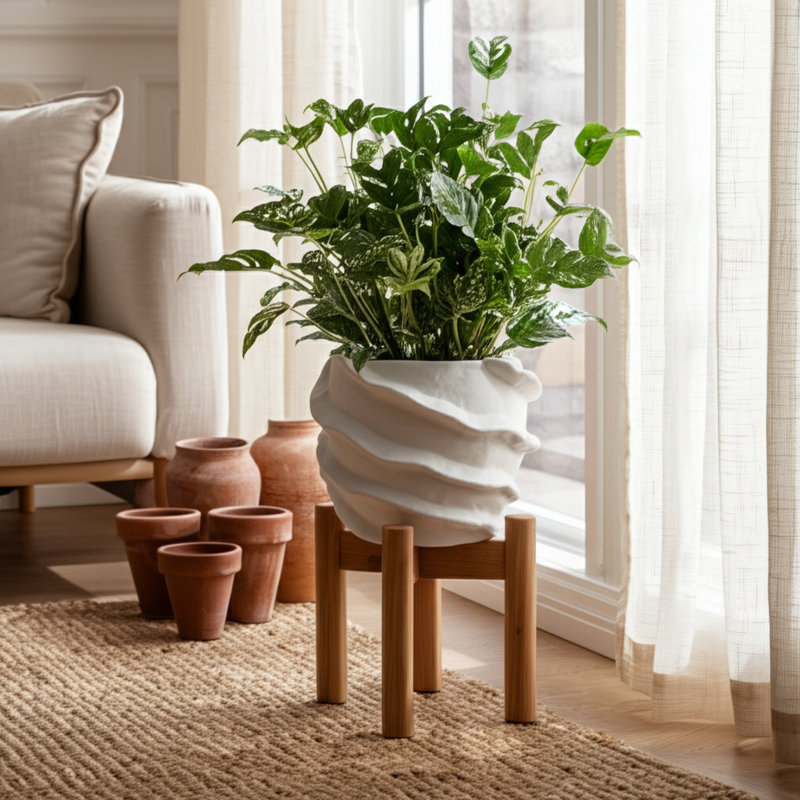 Pottery & Cement Planter With Sculpted Textured Design For Indoor Outdoor Home & Garden Decor - 5" White