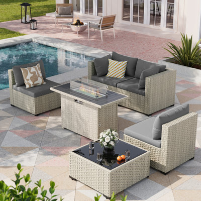 5 Pieces Design-Oriented Rattan Patio Conversation Sets With Fire Pit