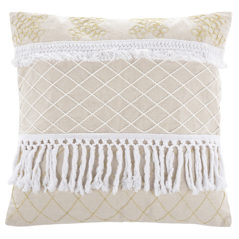 Beige and White Embroidered Square Pillow with Tassels