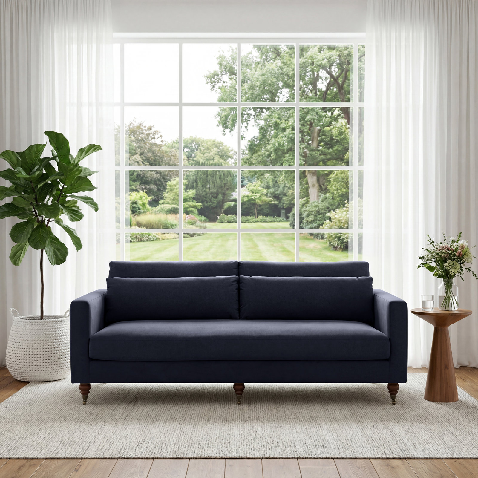 Lena 84" Wide Track Arm Sofa With Castor Legs, Navy Blue