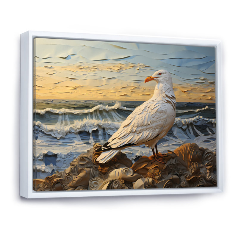 Seagull Soar Over Sea II, reproduction d'art sur toile, H 30 po x l 40 po, Cadre flottant blanc