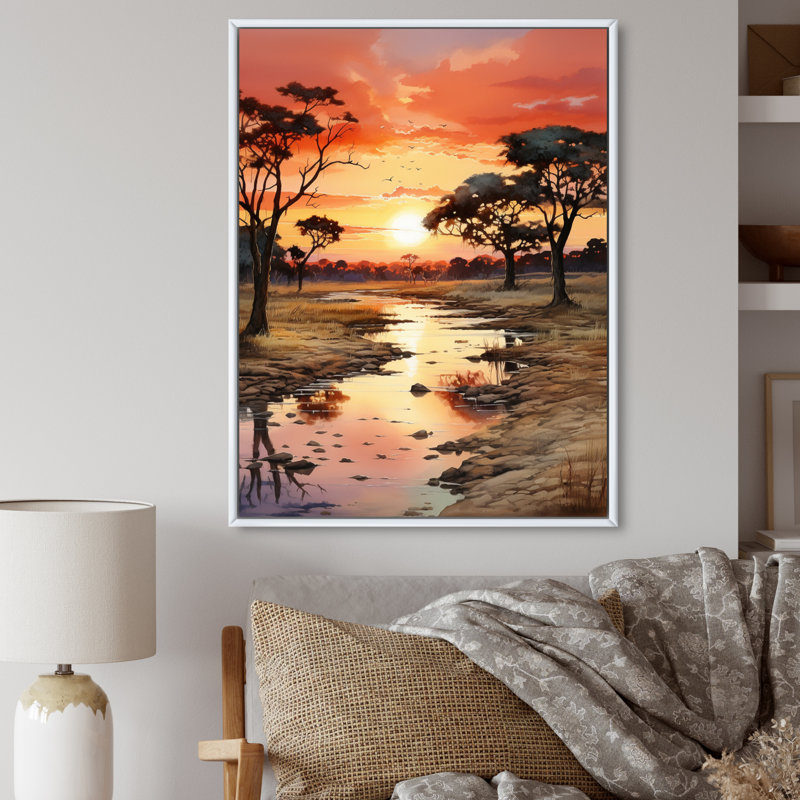 Alsey, coucher de soleil africain Oasis II, H 40 po x l 30 po x P 1,5 po, Cadre flottant blanc