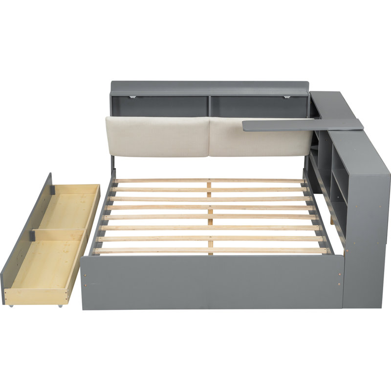 Lit plateforme double en bois gris avec tête de lit, étagères intégrées, 2 tiroirs et système de lattes Safe Comfort Design