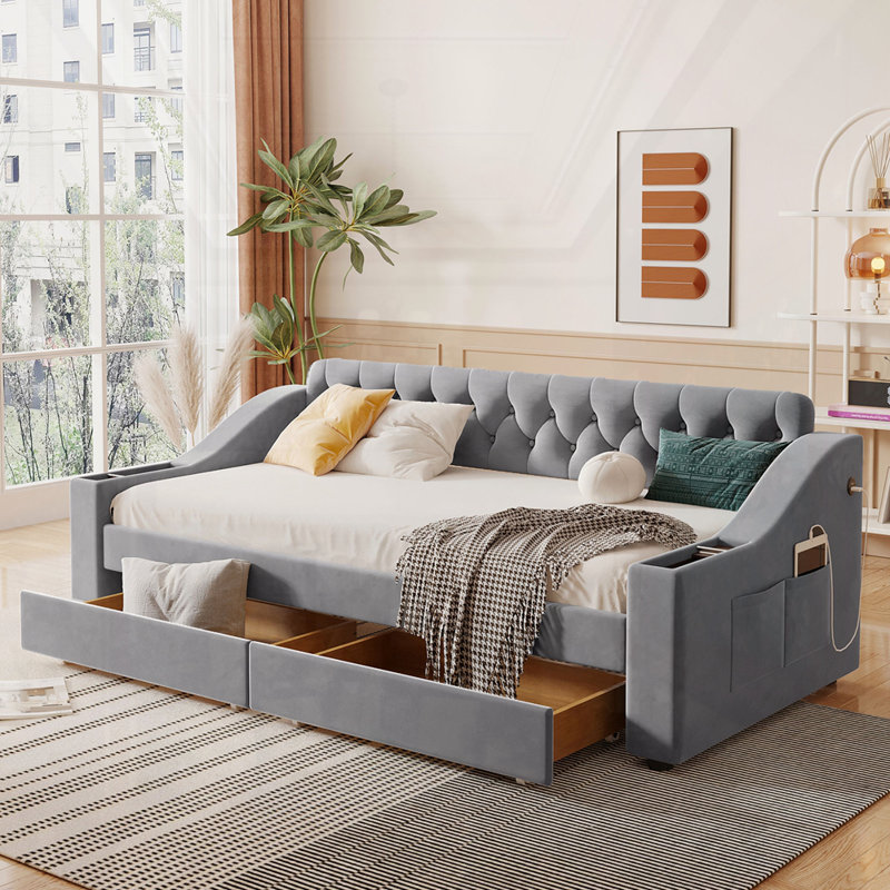 Lit de jour simple rembourré avec accoudoirs de rangement, Gris