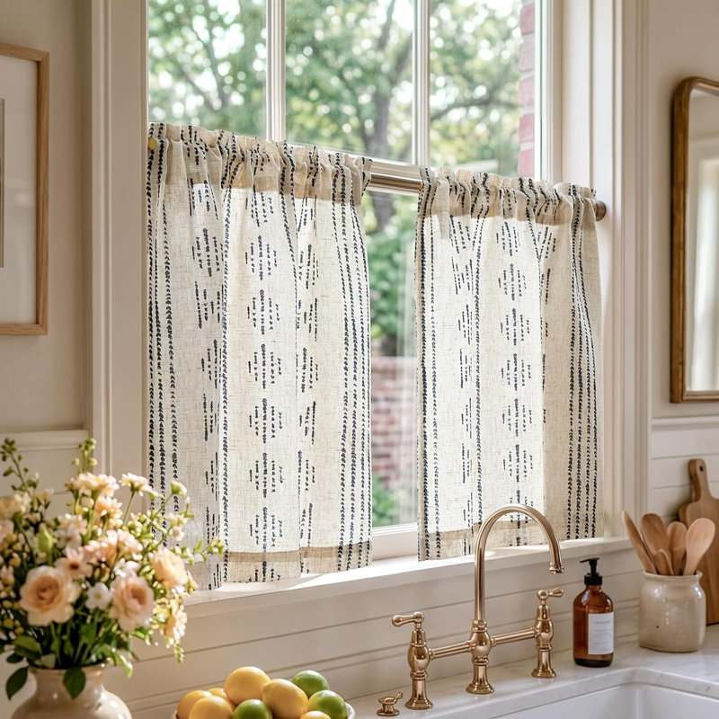 Rideaux à rayures en lin noir pour fenêtres de cuisine, 2 panneaux ; motif rayé bohème sur fond beige ; œillets pour tringle, filtrent la lumière ; cuisine, salle de bain et camping-car.