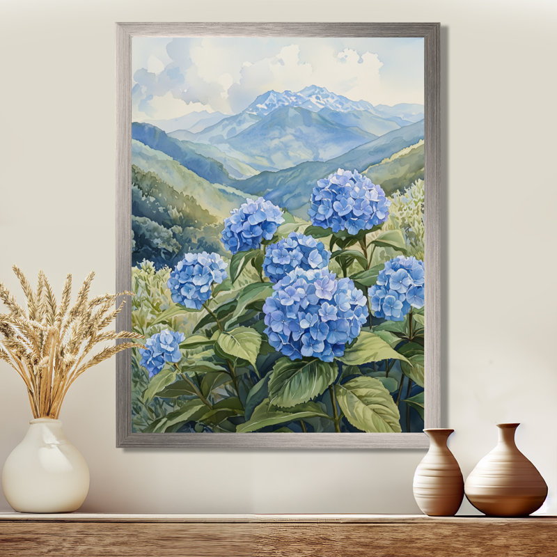 Hortensias dans la prairie de montagne I - décoration murale florale, H 40 po x l 30 po, Argent argent