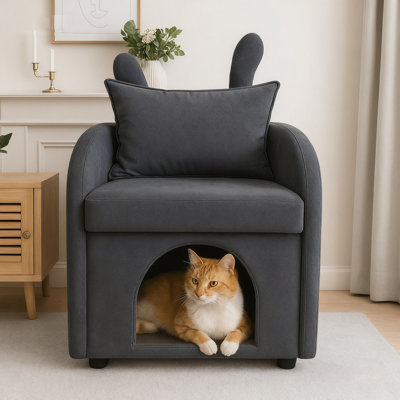 Canapé pour animal de compagnie, fauteuil avec oreilles de lapin en tissu résistant aux égratignures, cachette pour chien intégrée, fauteuil à double usage avec poche latérale.