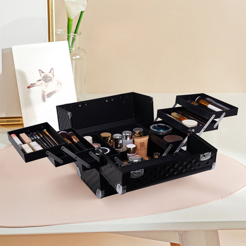 Makeup Box Professional Cosmetic Organizer Storage Box with 6 Trays, Black