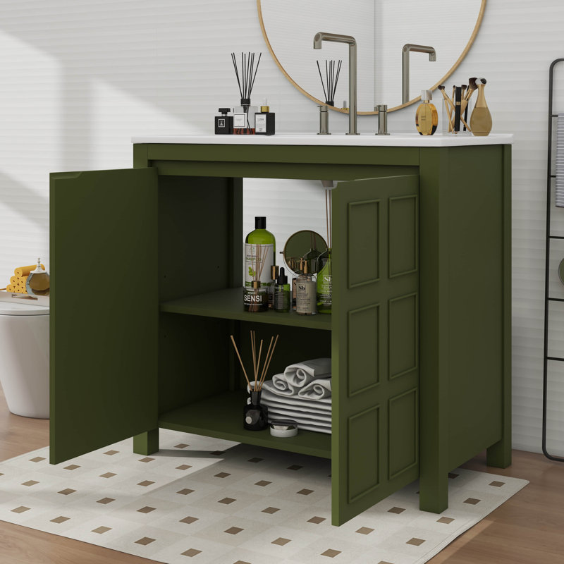 Ensemble de rangement pour meuble-lavabo 36 po avec lavabo en céramique, Vert olive