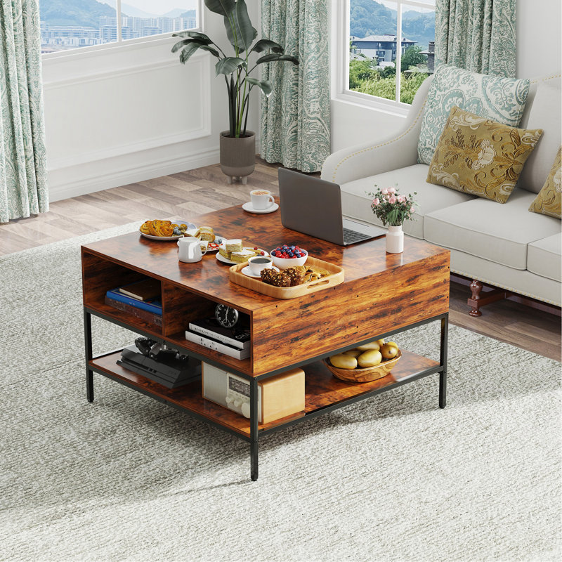 Table basse à plateau rabattable avec rangement - Noyer foncé et métal noir - 31,5 po avec plateau relevable et compartiment caché - Table de salon facile à assembler
