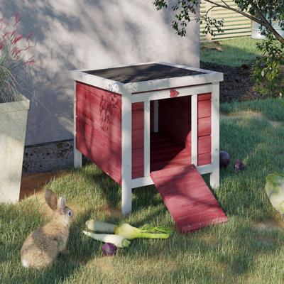 Small Wooden Rabbit Hutch Bunny Cage Guinea Pig Cage Duck House Dog House With Openable & Waterproof Roof, Red