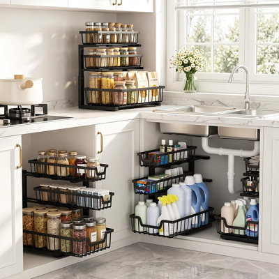 2-Pack 3-Tier Under Sink Organizer, Height-Adjustable Heavy-Duty Metal Pull-Out Drawer Rack with Raised-Edge Baskets for Kitchen, Bathroom, Pantry & Laundry, Black