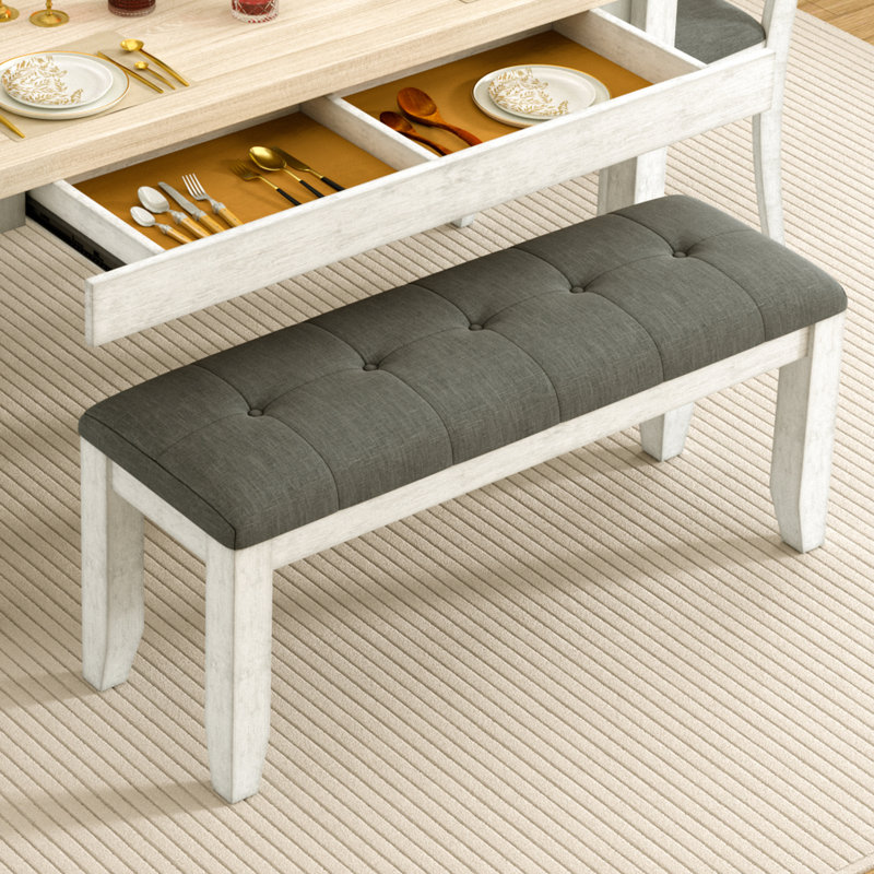 Ensemble de table de salle à manger 6 pièces en bois massif avec 2 tiroirs, 4 chaises et 1 banc, ensemble de salle à manger en bois d'hévéa
