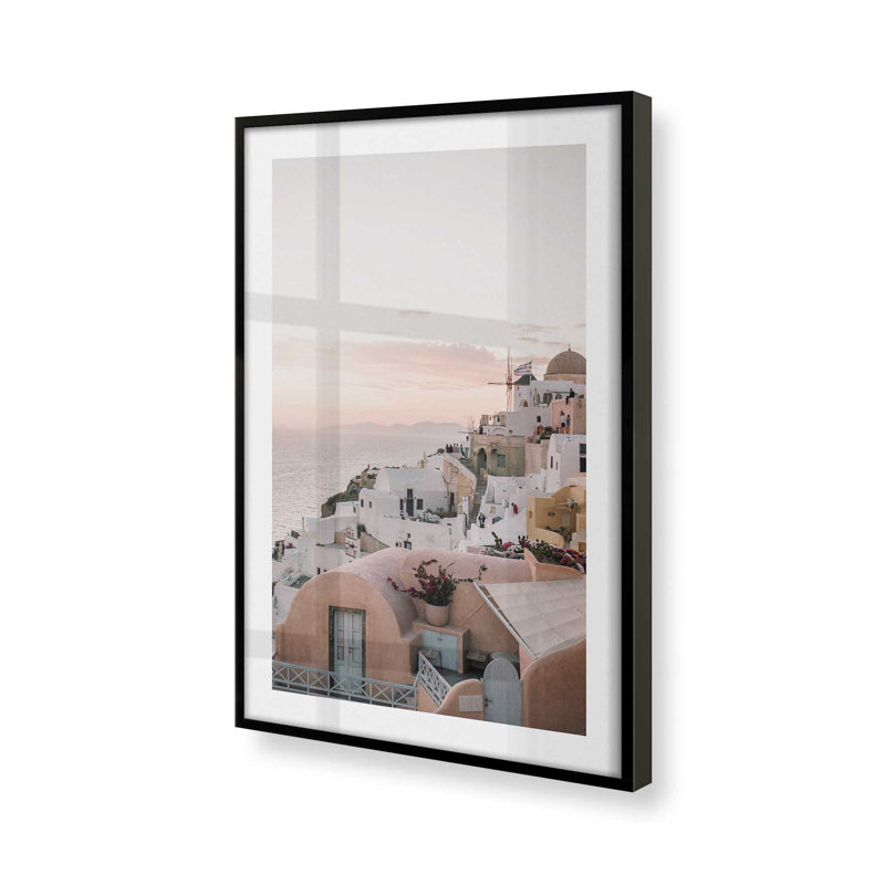 Coucher de soleil sur Santorin, H 25 po x l 19 po x P 1,25 po, Cadre noir satiné