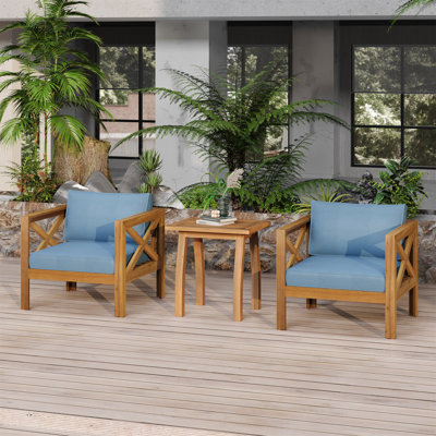 Patio Conversation Set, Outdoor Wood Leisure Seat(Set Of 2),Armchair With Cushions,Selma Acacia Wood End Table ,Teak Finish,Blue Cushion