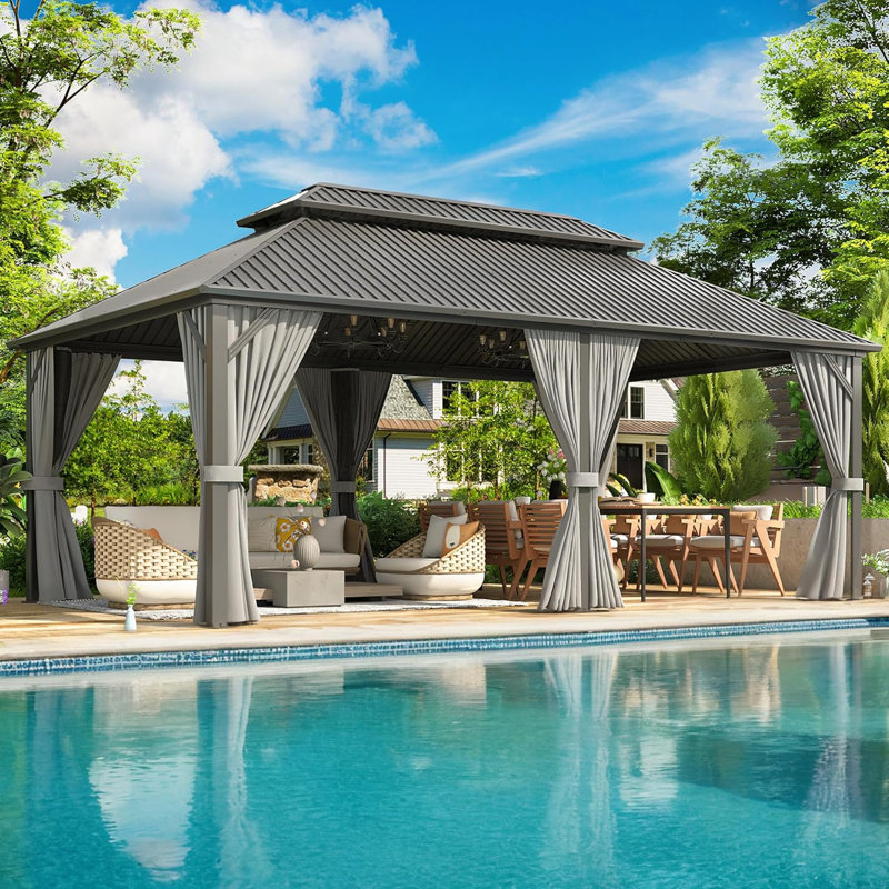 Gray Aluminum Hardtop Gazebo with Galvanized Steel Roof, Nettings and Curtains, 119" H x 220" W x 146" D 
