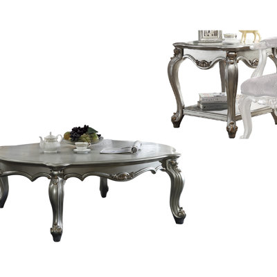 Antique Platinum End Table With Delicate Scalloped Wood Design & Shelf Function Ornament