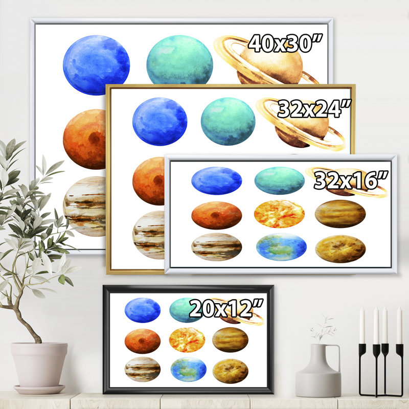 Planètes variées en orbite - Impression sur toile, H 16 po x l 32 po x p 1 po, Cadre flottant blanc