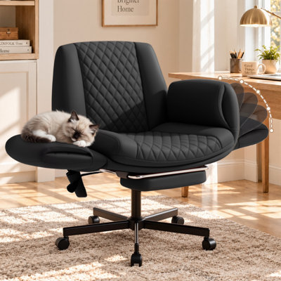 Criss Cross Office Chair with Footrest, Faux Leather Cross-Legged Desk Chair with 5-Position Adjustable Armrests, Airbag Lumbar Support, Wide Seat & Wheels for Home Office Vanity