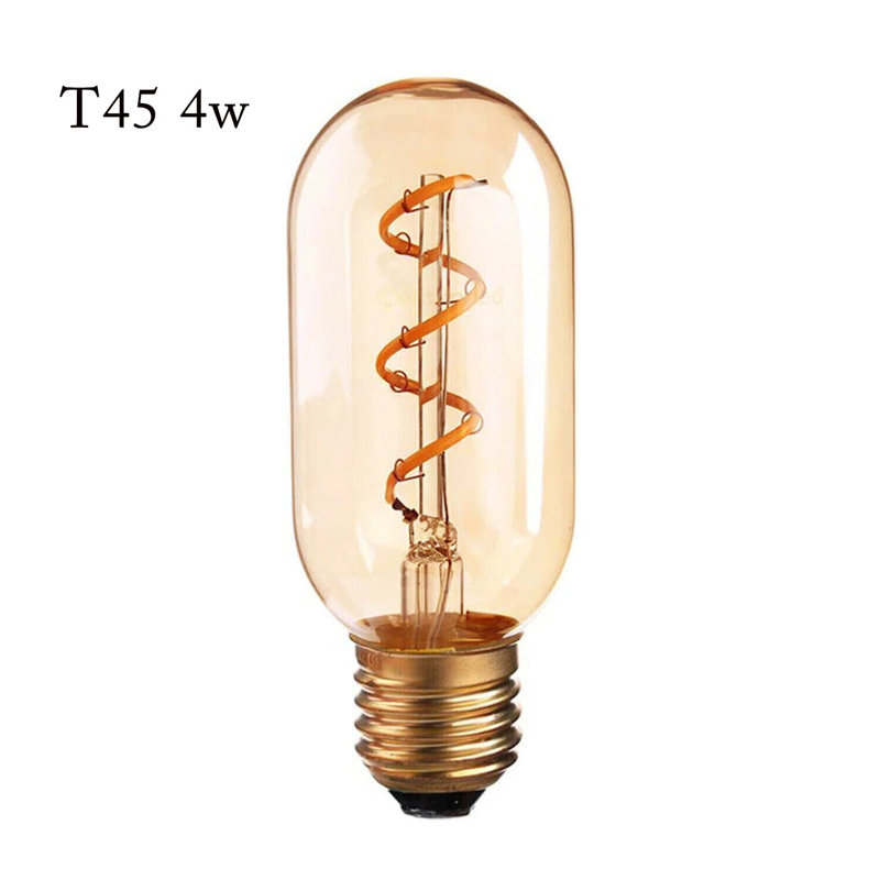 Vintage LED Spiral Filament Bulb T45 Tubular, E27 Screw LED Bulb 4W, Warm White 2700K Non dimmable AC220V 450LM, Decorative Antique Filament Light Bulbs, Amber Glass, Pack of 2