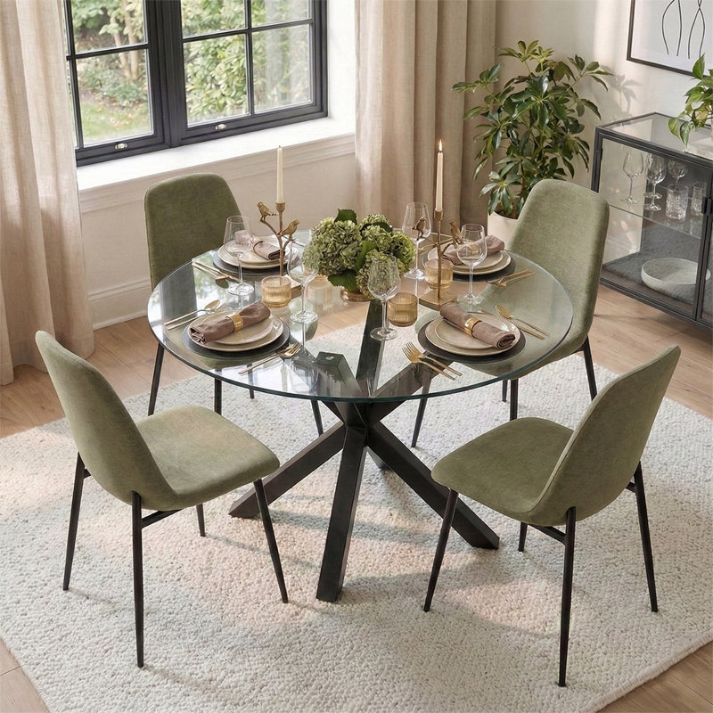 Ensemble de table de salle à manger pour 4 personnes avec table ronde en verre et 4 chaises rembourrées en chenille, Vert