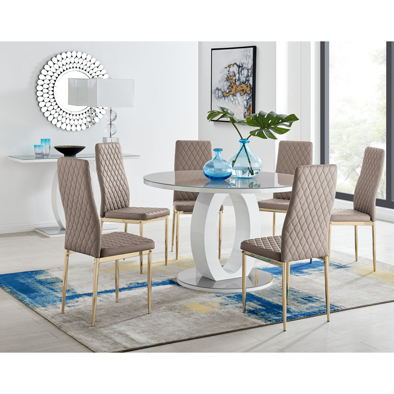 Scottsmoor 6 Seater High Gloss Round Dining Table Set with 6 Luxury Faux Leather Dining Chairs, Gray, Cappuccino/Gold