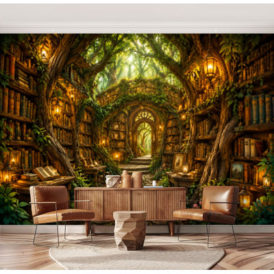 Wall Mural Peel and Stick Forest bookshelf Lanterns Tree Enchanting Library atmosphere warm light Large Wallpaper Self-Adhesive Removable Contact Paper Wall Decor for Living Room Bedroom Nursery 69"H x 96"W