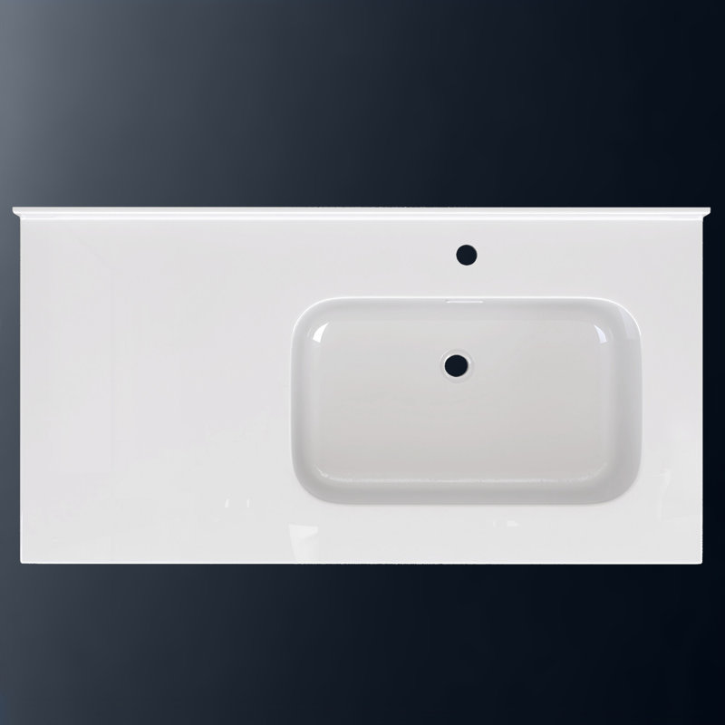Comptoir de meuble-lavabo à surface solide de 42 pouces avec lavabo intégré à droite, comptoir moderne blanc vif de 2 po d'épaisseur, dosseret arrière de 1,38 po, conception à bord lisse, imperméable et facile à installer