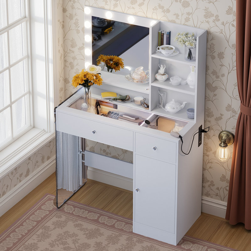 Table de coiffeuse avec pieds en verre, miroir éclairé à DEL, station de charge et tiroirs de rangement, Blanc