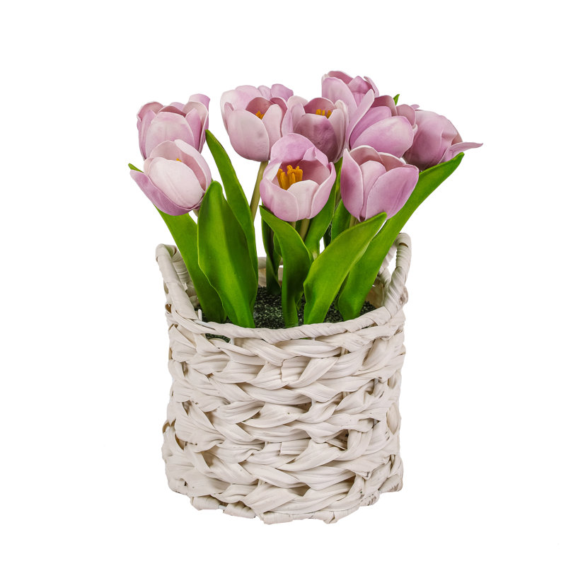 Bouquet de tulipes dans un panier blanc, Gris, Mauve