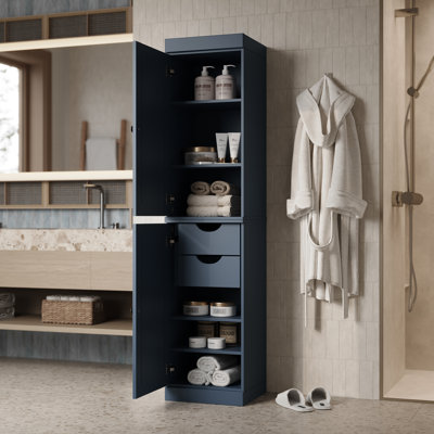100% Solid Wood Bathroom Storage Cabinet, Raised Panel Doors, 2 Drawers, Adjustable Shelves, 16.5" Wide, 71.5" Tall