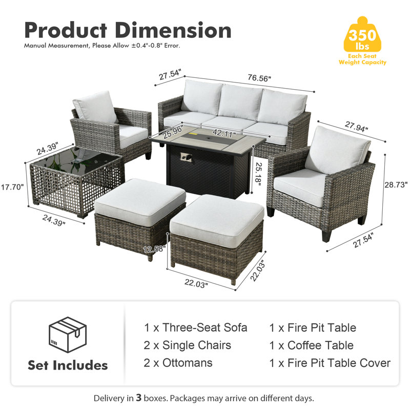 Harbin Wicker/Rattan 7- Person Outdoor Seating Group With Ottoman With Fire Pit Table, Light Gray