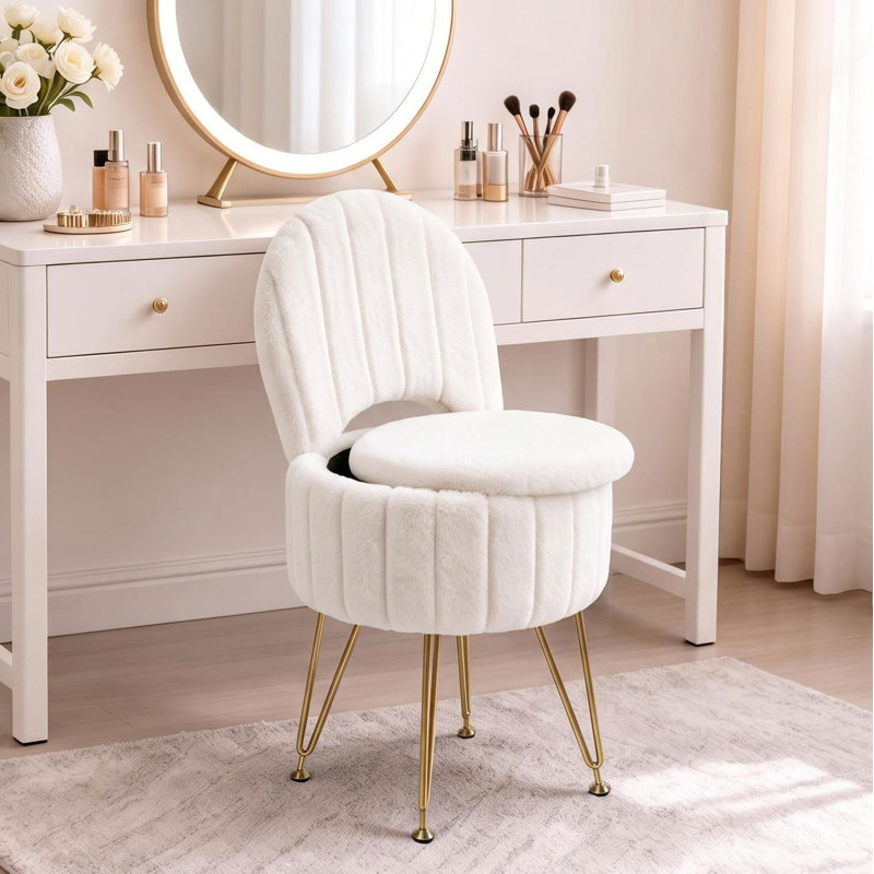 Tabouret de coiffeuse blanc avec dossier et rangement dissimulé, fauteuil de maquillage pliable en fausse fourrure avec siège en mousse viscoélastique et structure en métal doré, grand